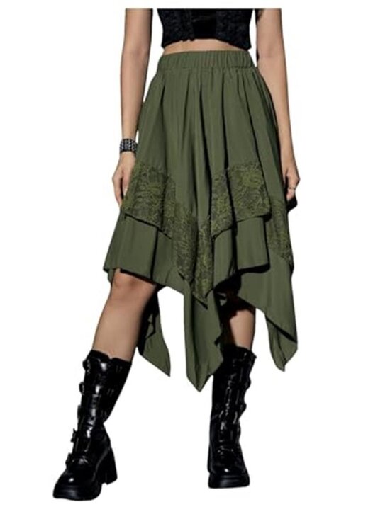 Verdusa Dresses & Skirts - Olive Green Renaissance Fairycore Lace Handkerchief Hem Midi Skirt